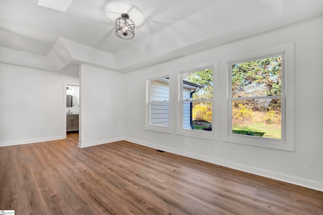 unfurnished room featuring visible vents, baseboards, and wood finished floors