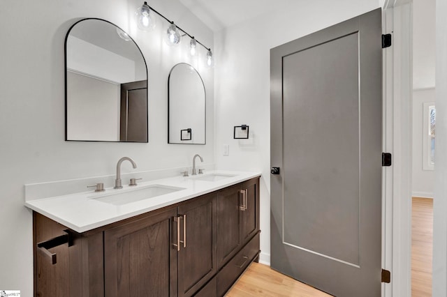 bathroom featuring a sink, wood finished floors, and double vanity