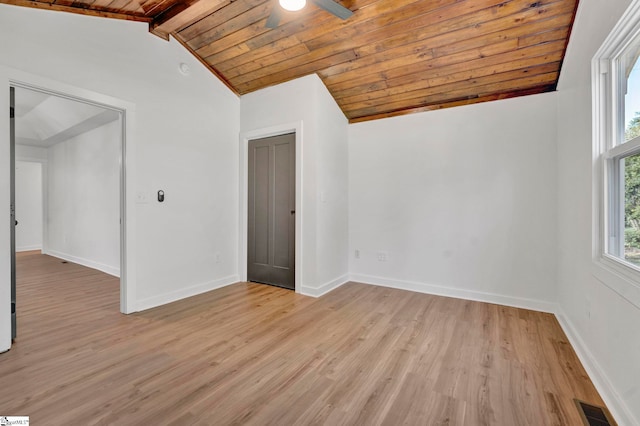 unfurnished room featuring visible vents, light wood-style flooring, a ceiling fan, lofted ceiling with beams, and wood ceiling