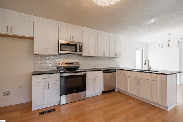 kitchen featuring visible vents, a peninsula, a sink, appliances with stainless steel finishes, and dark countertops