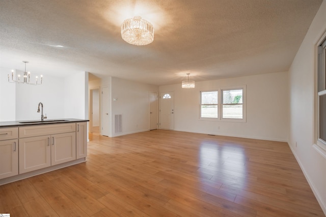 unfurnished living room featuring light wood-type flooring, a notable chandelier, visible vents, and a sink