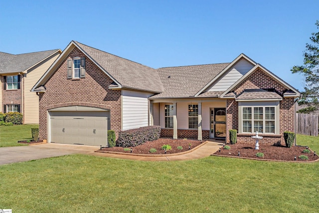 view of front of house featuring fence, a shingled roof, concrete driveway, a front lawn, and brick siding