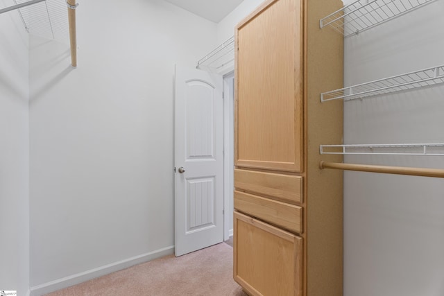 spacious closet featuring light colored carpet