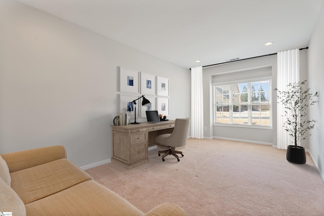 home office with recessed lighting, light colored carpet, and baseboards