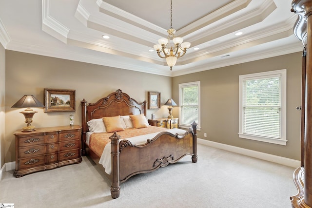 bedroom with baseboards, visible vents, an inviting chandelier, a tray ceiling, and light colored carpet