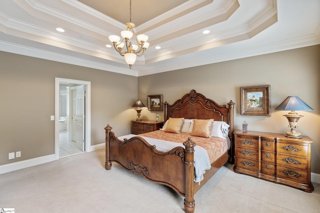 carpeted bedroom with baseboards, a tray ceiling, recessed lighting, crown molding, and a chandelier