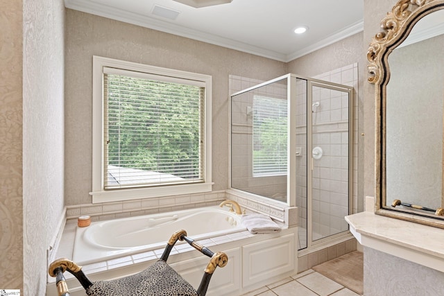 bathroom with a garden tub, a stall shower, tile patterned flooring, crown molding, and a textured wall