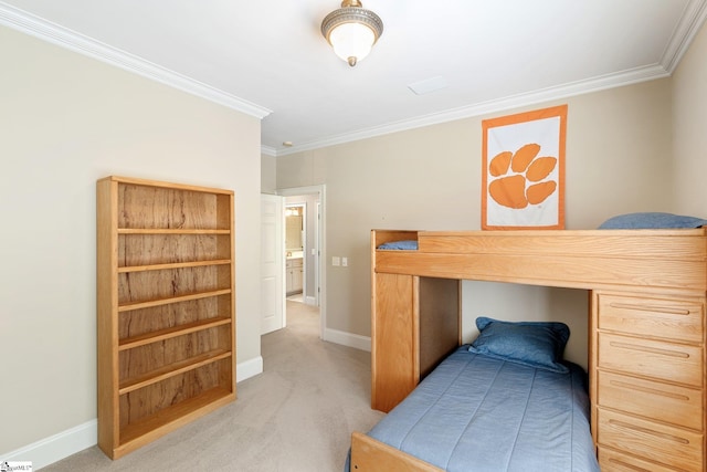 bedroom featuring baseboards, light carpet, and crown molding