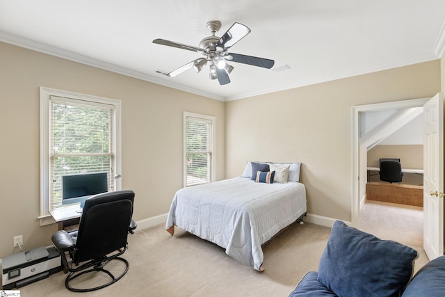 bedroom with crown molding, carpet flooring, and baseboards