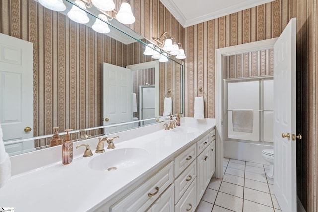 bathroom featuring a sink, a chandelier, tile patterned flooring, and wallpapered walls