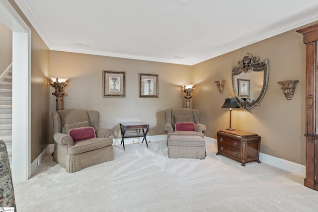 sitting room with crown molding, stairway, baseboards, and carpet floors