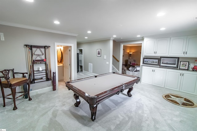 rec room featuring visible vents, crown molding, light colored carpet, recessed lighting, and billiards