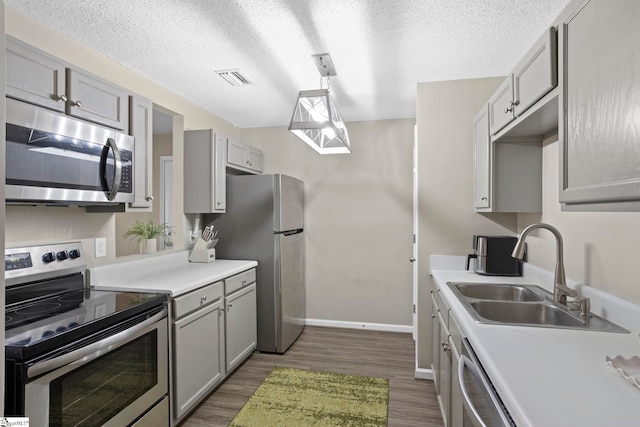 kitchen featuring dark wood-style floors, gray cabinets, a sink, light countertops, and appliances with stainless steel finishes