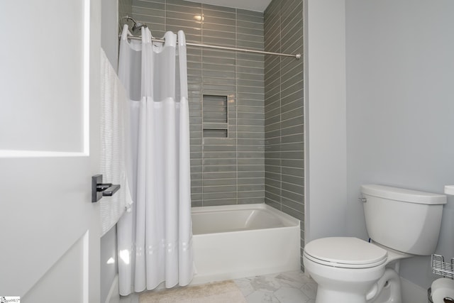 bathroom with toilet, shower / bathtub combination with curtain, and marble finish floor