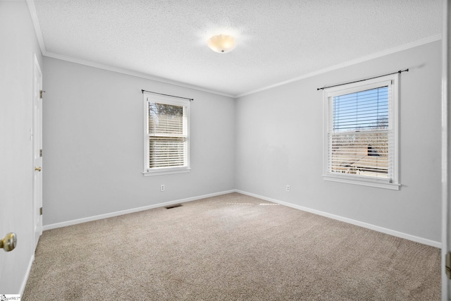 spare room featuring baseboards, carpet floors, a textured ceiling, and ornamental molding