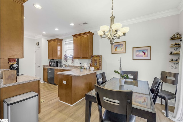 kitchen with visible vents, brown cabinets, a sink, a peninsula, and dishwasher