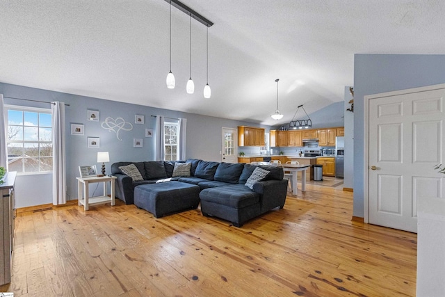 living room with a healthy amount of sunlight, a textured ceiling, lofted ceiling, and light wood-style floors