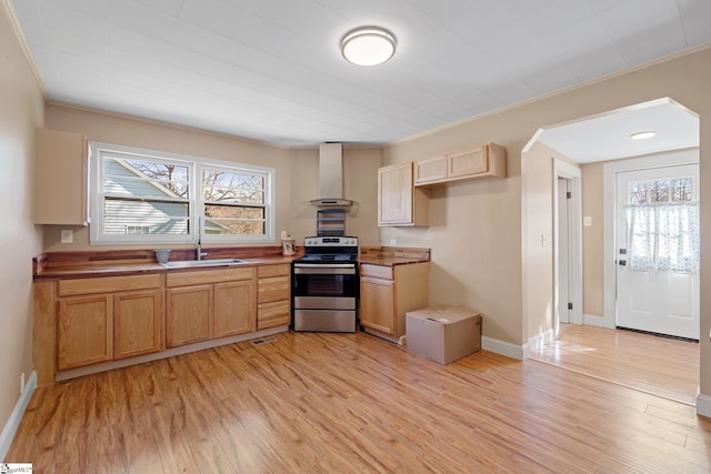 kitchen with a sink, electric range, light wood-style flooring, and wall chimney range hood