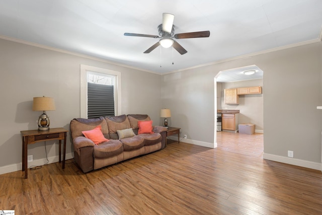 living room featuring light wood-style flooring, baseboards, and ornamental molding