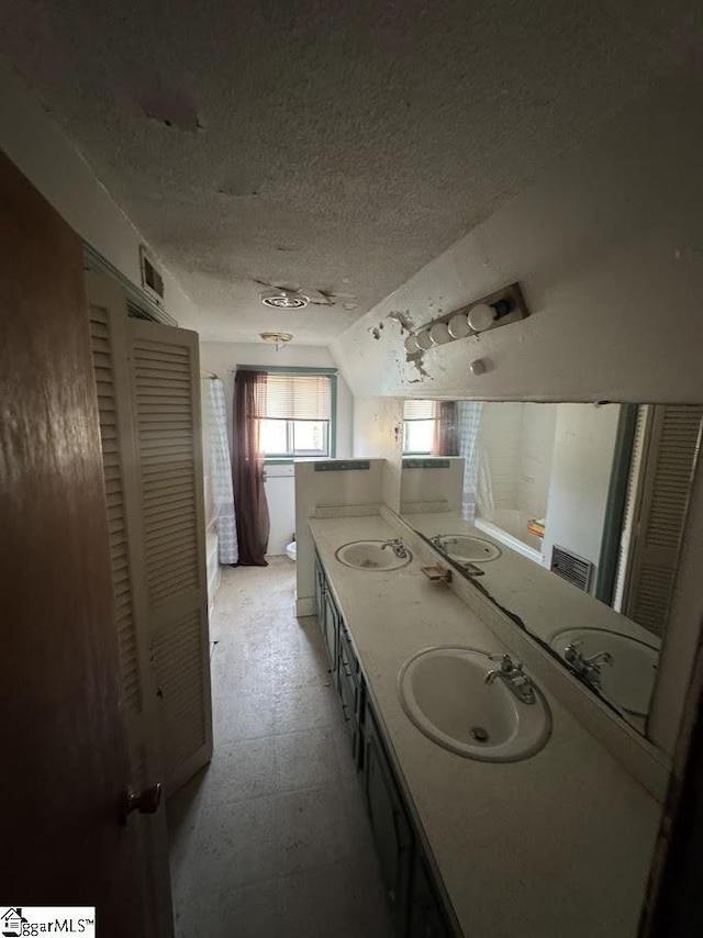 full bathroom with a textured ceiling, vaulted ceiling, and a sink