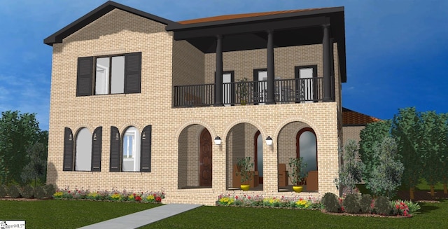 view of front of property featuring a front lawn, a balcony, and brick siding