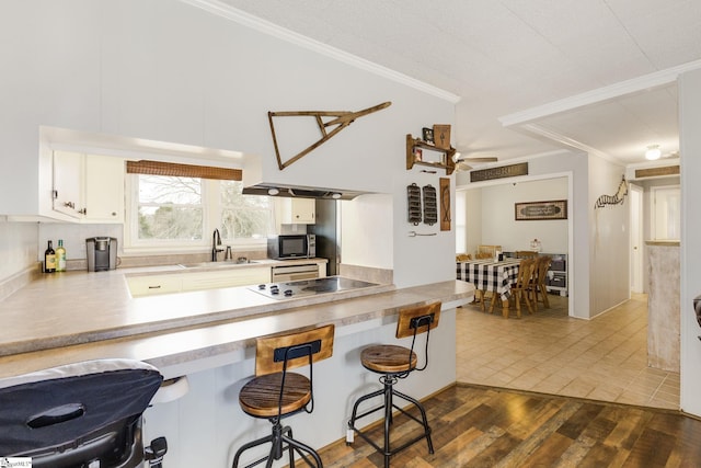 kitchen with a kitchen bar, crown molding, electric stovetop, and a sink