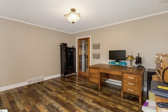 home office with visible vents, baseboards, dark wood finished floors, and ornamental molding