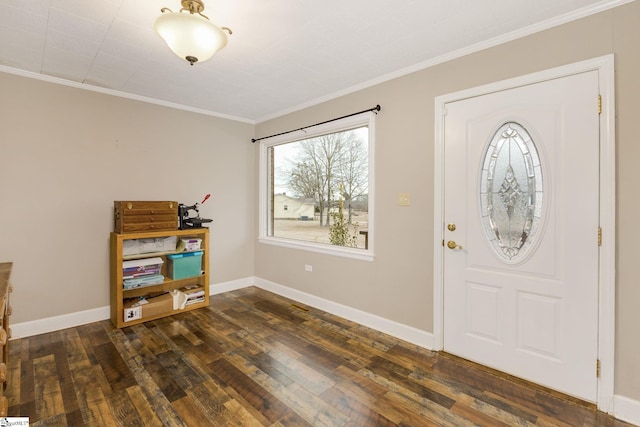 foyer entrance with ornamental molding, baseboards, and dark wood-style flooring