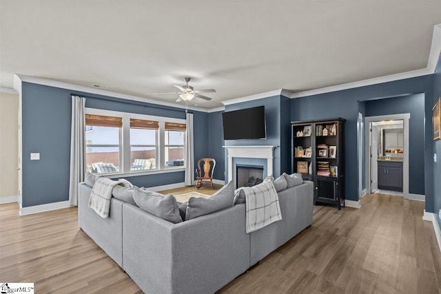 living area featuring crown molding, ceiling fan, baseboards, a fireplace, and light wood-style floors