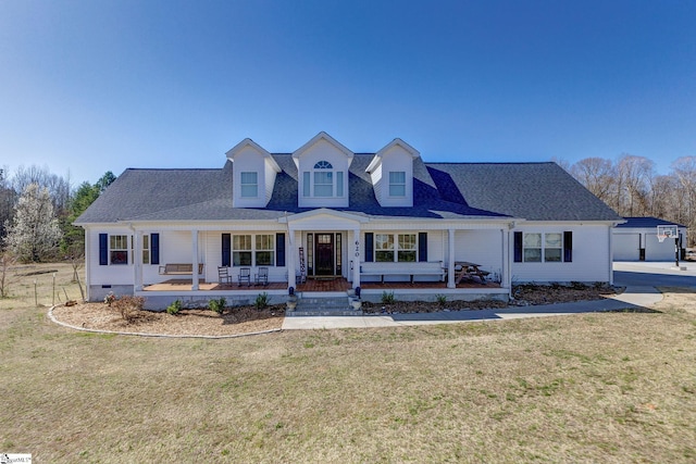 view of front of home with crawl space, covered porch, and a front yard