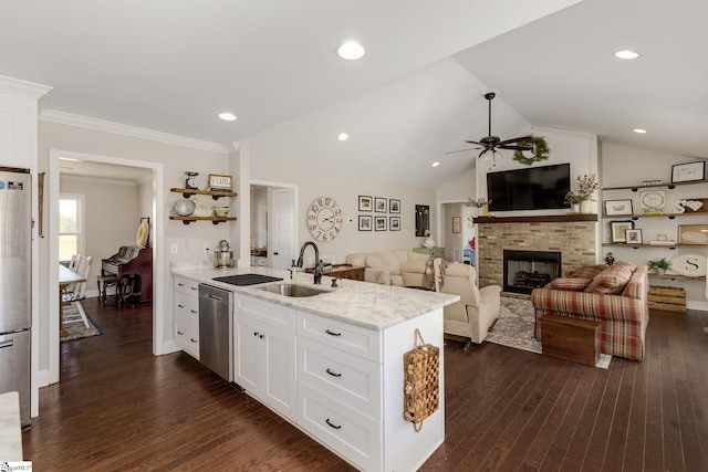 kitchen with a sink, appliances with stainless steel finishes, a peninsula, a fireplace, and ceiling fan