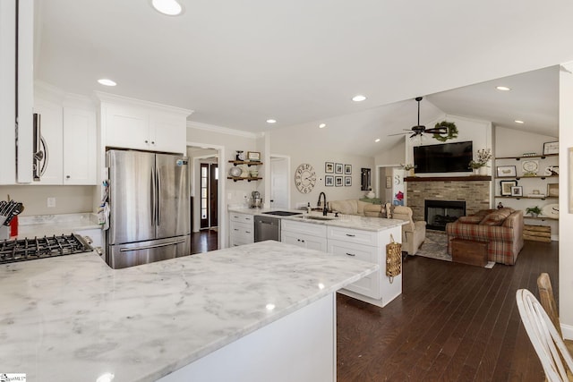 kitchen featuring a ceiling fan, a sink, stainless steel appliances, a peninsula, and a fireplace