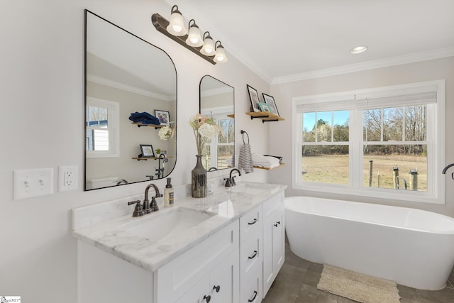 bathroom featuring crown molding and a sink