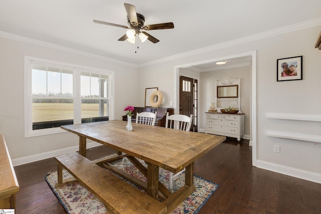 dining area featuring a ceiling fan, dark wood-type flooring, and baseboards