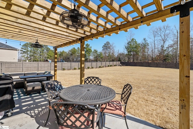 view of patio / terrace with outdoor dining area, a fenced backyard, and a pergola