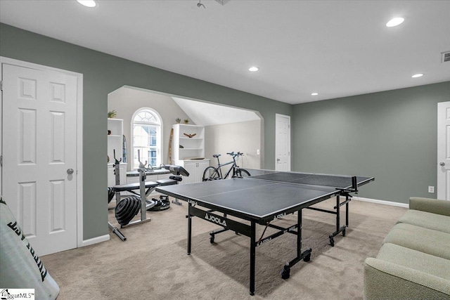 rec room featuring recessed lighting, light colored carpet, and baseboards