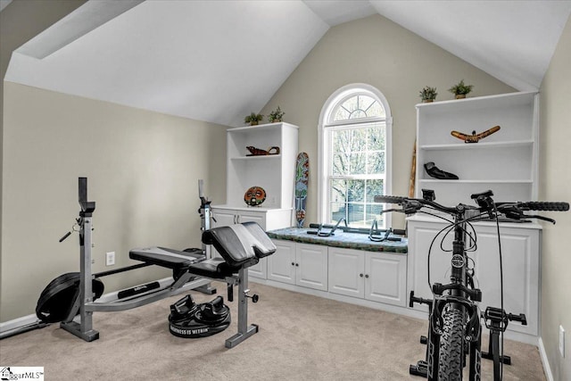 workout area featuring light colored carpet and vaulted ceiling