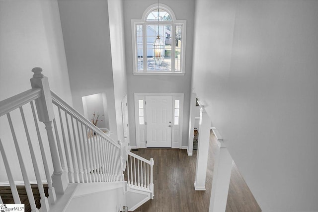 entrance foyer featuring a high ceiling, baseboards, and wood finished floors