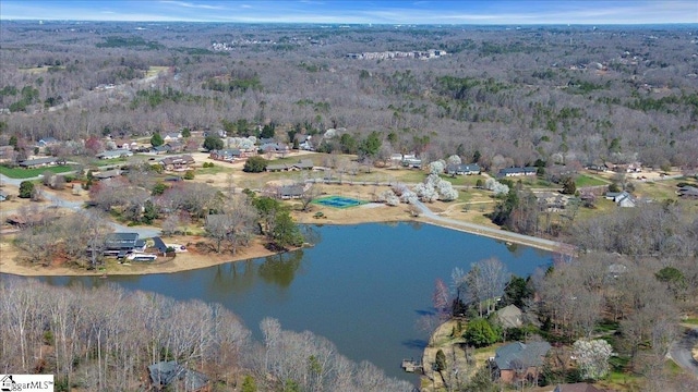 bird's eye view featuring a water view and a wooded view