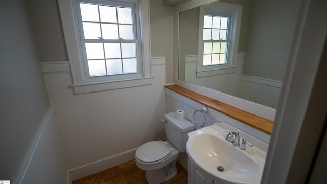 half bathroom featuring toilet, wood finished floors, wainscoting, and a sink