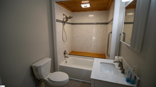 full bath featuring tile patterned flooring, toilet, wooden ceiling, shower / bathing tub combination, and vanity