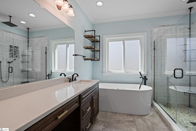 bathroom with a freestanding tub, recessed lighting, a shower stall, crown molding, and vanity