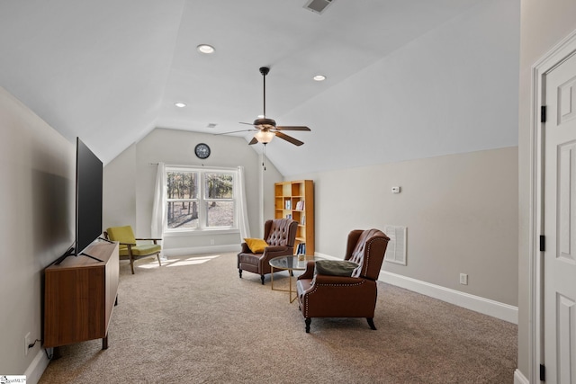 living area featuring lofted ceiling, a ceiling fan, recessed lighting, carpet, and baseboards