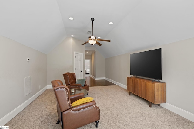 sitting room with visible vents, a ceiling fan, recessed lighting, baseboards, and lofted ceiling