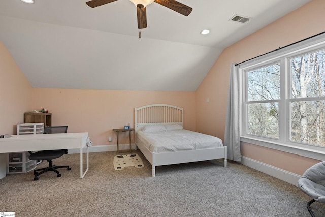 carpeted bedroom with visible vents, lofted ceiling, a ceiling fan, recessed lighting, and baseboards