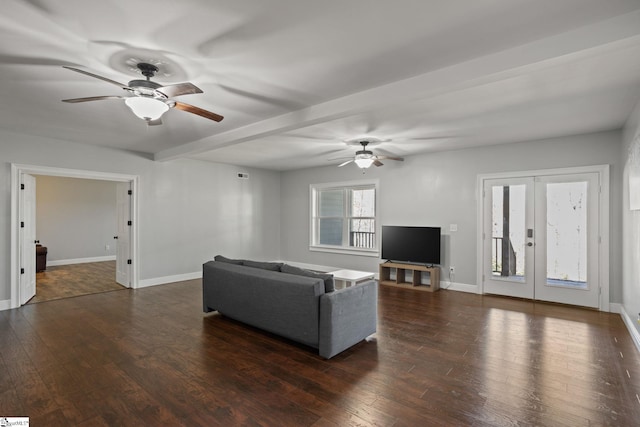 living area featuring french doors, baseboards, a ceiling fan, and hardwood / wood-style floors