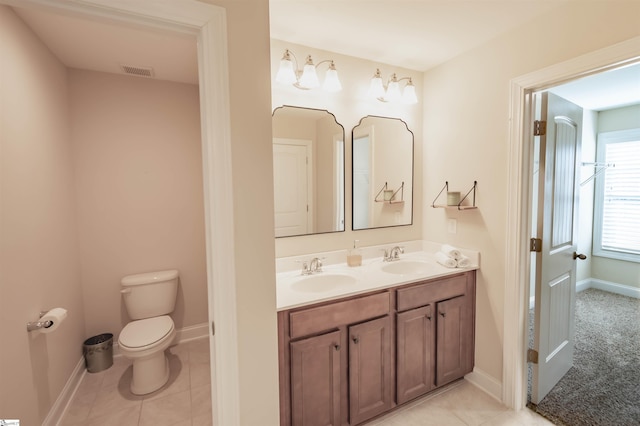 bathroom with tile patterned floors, toilet, visible vents, and a sink