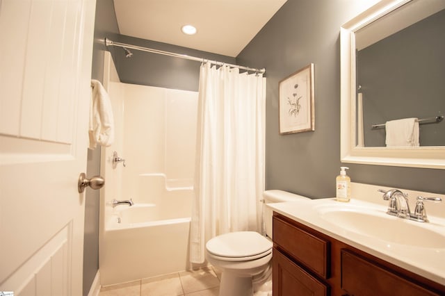 full bathroom featuring shower / bathtub combination with curtain, toilet, recessed lighting, tile patterned flooring, and vanity