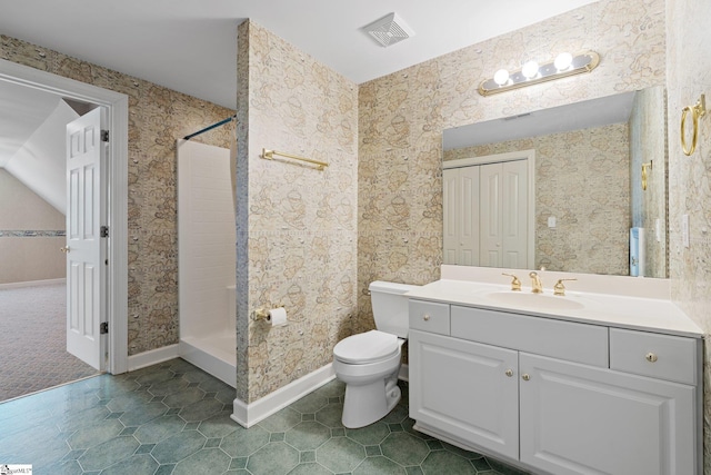 full bath featuring visible vents, toilet, a stall shower, and wallpapered walls