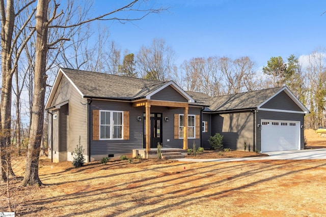 ranch-style house featuring crawl space, driveway, a garage, and roof with shingles